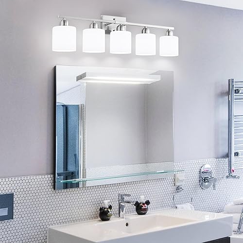 Miniatura 8 de 5 lámparas de baño de níquel cepillado, lámpara de tocador de baño con pantalla de vidrio esmerilado blanco lechoso, luces de tocador para espejo,