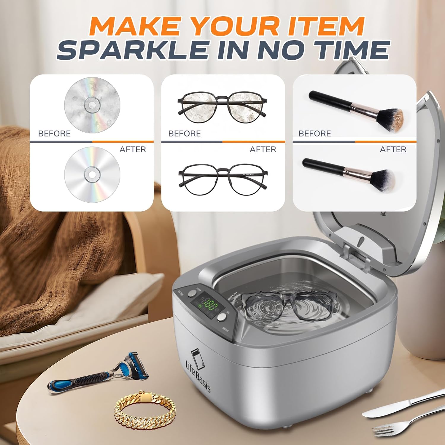 Life Basis Ultrasonic Cleaner Household Ultrasonic Jewelry Cleaner 850ml (28 Ounces) LCD Screen with 5 Digital Timer Watch Stand CD Holder for Ring Jewelry CD DVD Watches Glasses Makeup Brush - Silver