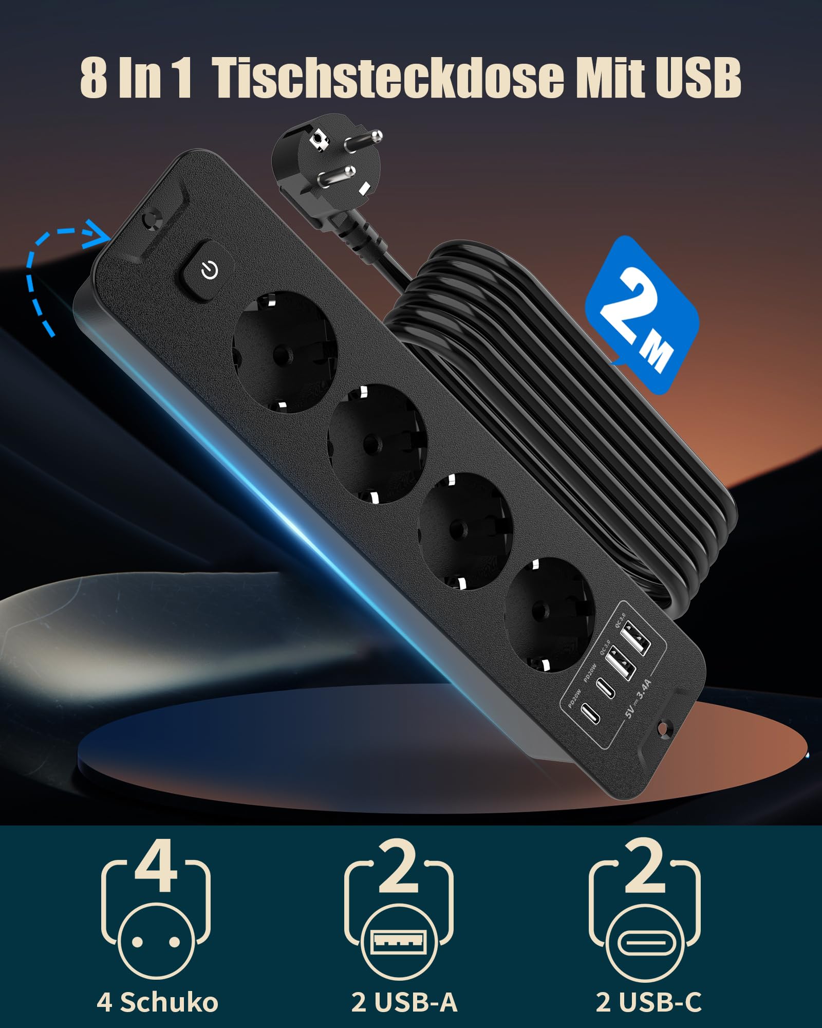 Ciabatta elettrica con USB (PD 20 W), 4 prese, a scomparsa, 8 in 1, presa da tavolo, presa multipla con cavo da 2 m, per cucina, ufficio, piano di lavoro, 3680 W/16 A