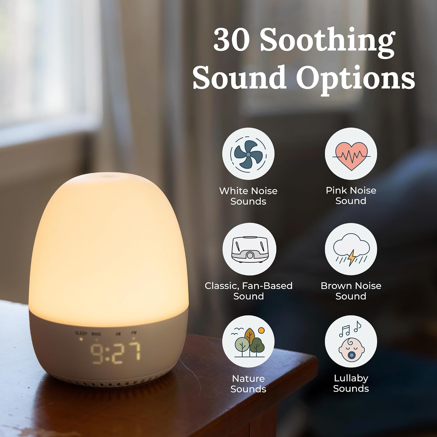 Yogasleep Light to Rise displaying 30 soothing sound options including white noise, pink noise, fan sounds, brown noise, nature sounds, and lullabies.