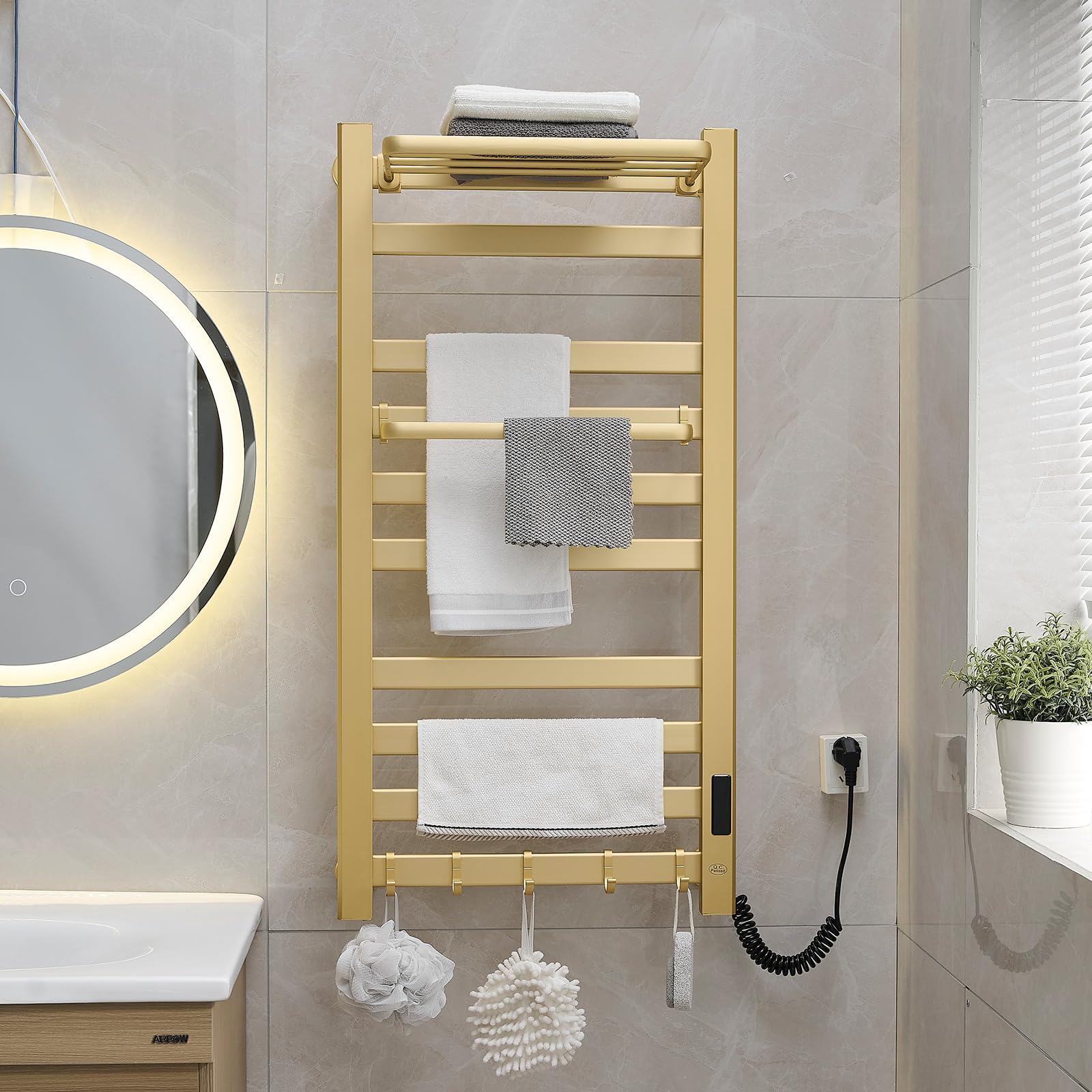 WiFi Scaldasalviette Elettrico con Ripiano Superiore, 180 W Termoarredo Elettrico Bagno da Parete, 9 Barre Porta Asciugamani Bagno con Timer E Termostato 30-60°C, 5 Gancio, IPX4, 96x48.5cm, Oro