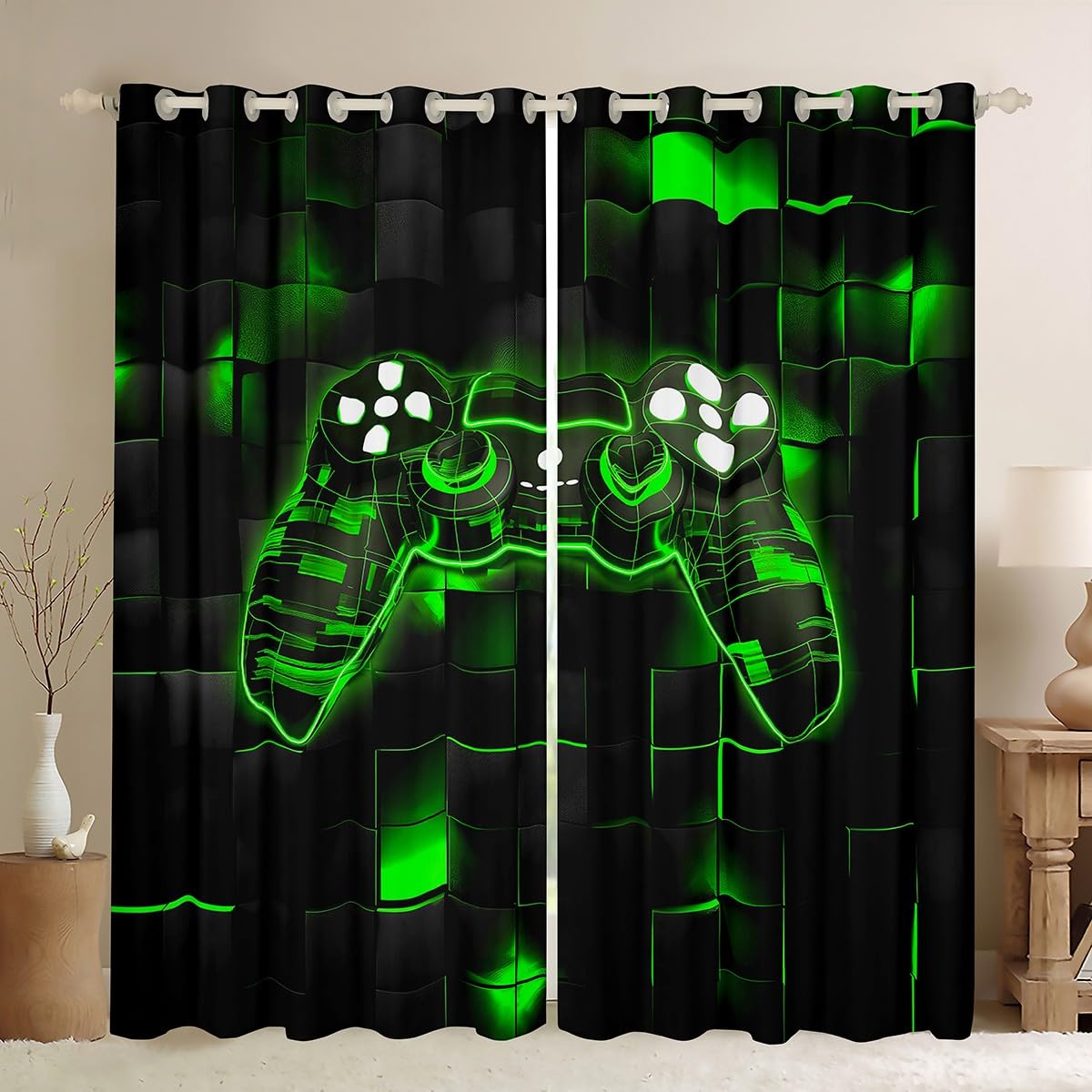 Homewish Gamer Blackout Curtains 46 x 54 Inch 2 Panel Sets for Bedroom - Gaming Window Curtains Neon Square Video Game Green Check Grid Window Treatments Drapes - Gamer Decor for Boys Bedroom