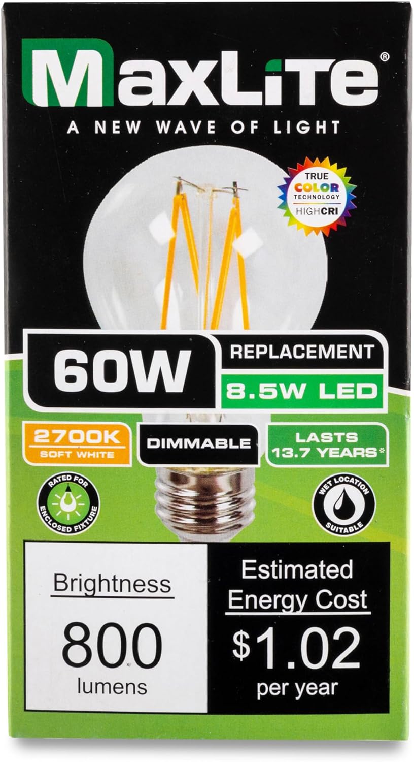 Maxlite EF4.5A19D27/JA81 4.5W A19 Dimmable LED Bulb, Enclosed Clear Filament, 2700K Warm White Light, JA8 Listed - CRI 90, 40W Equivalent, 450 Lumens, LED Light Bulb