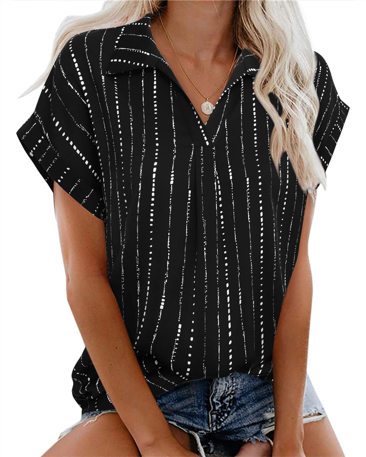 Messic Womens Short Sleeve Blouses Collared V Neck Shirts Chiffon Summer Business Casual Tops - Image 2