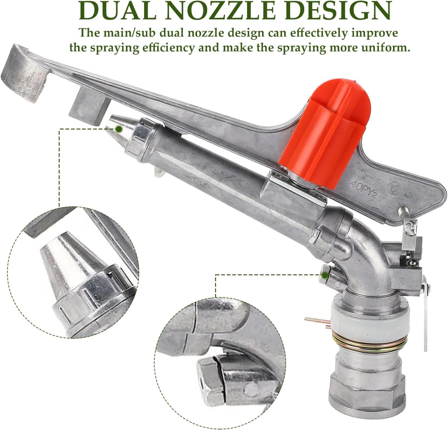 Regulowany Pistolet Zraszający do Nawadniania, 2-calowy do Podlewania Dużych Powierzchni (do 40 m) z Obrotem 25-360°, Ze Stopu Cynku - dla Gospodarstwa, Sadu, Ogrodu, Trawnika i Kontroli Pyłu