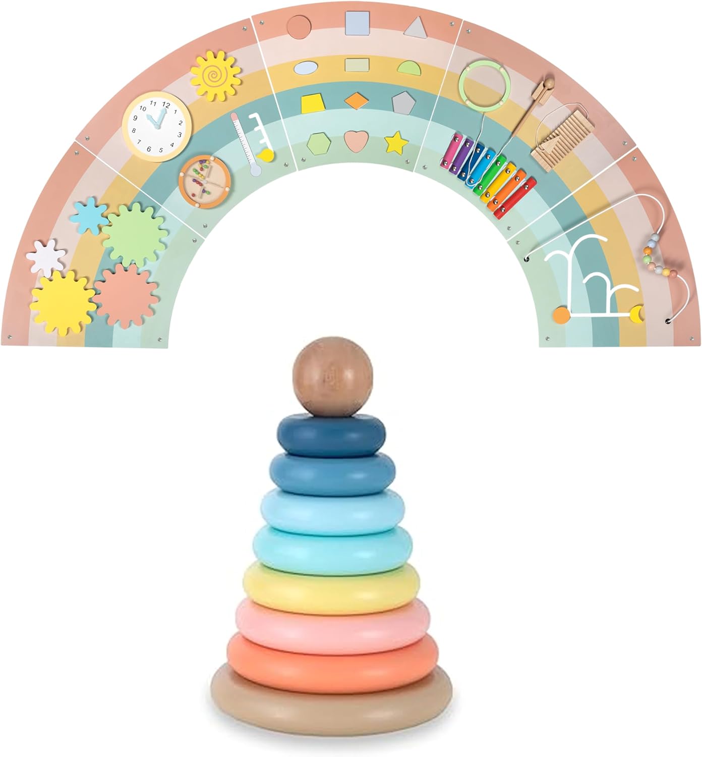 Play Platoon Kids Sensory Wall Panel & Wooden Rainbow Stacking Toy Set: 64x32 Montessori Activity Board for Toddlers 1-3 & Educational Stacker for Babies & Children