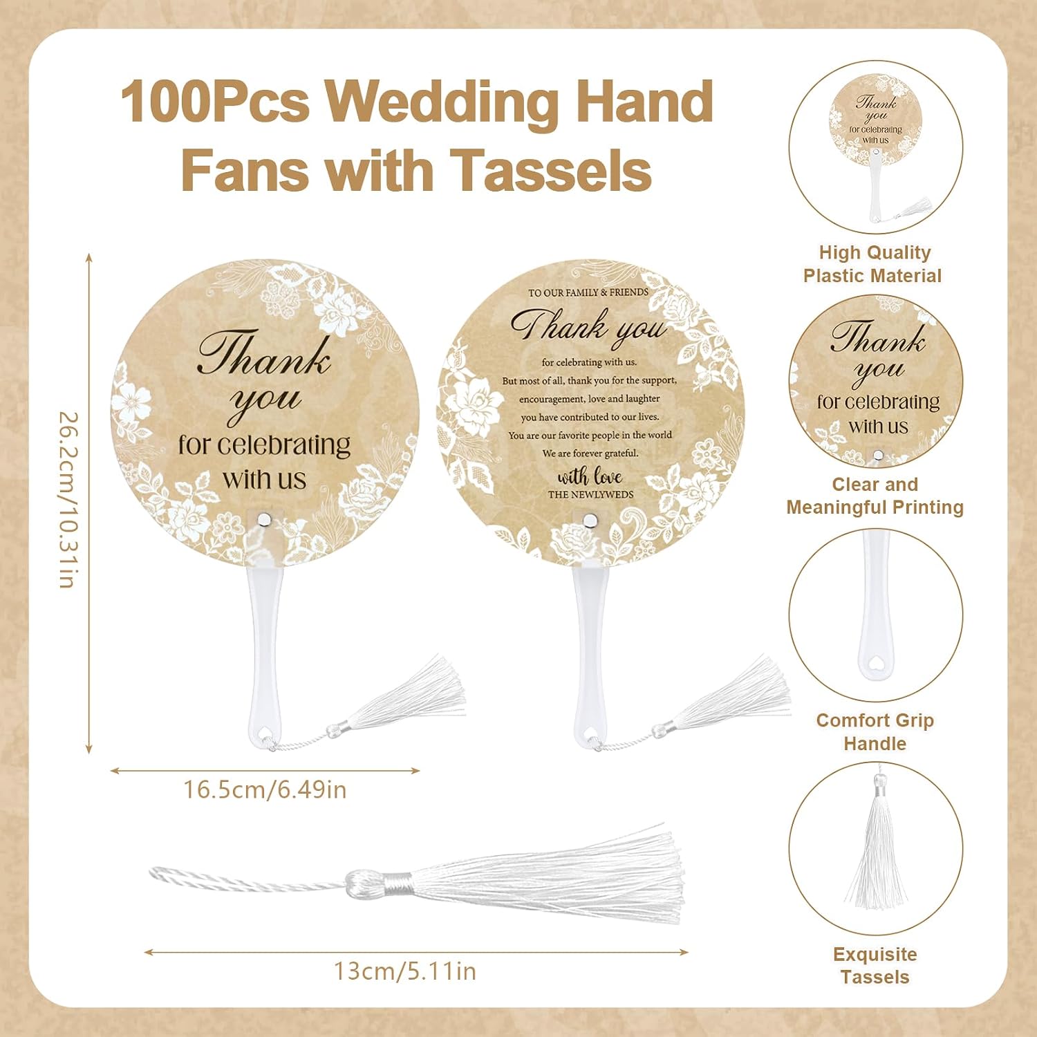 100Pcs Wedding Hand Fans with Tassels for Guests Retro Lace Plastic Portable Handheld Fans with A Table Sign Bulk Party Favors for Wedding Bridal Shower Ceremony Decor Appreciation Gifts（Lace Flower）
