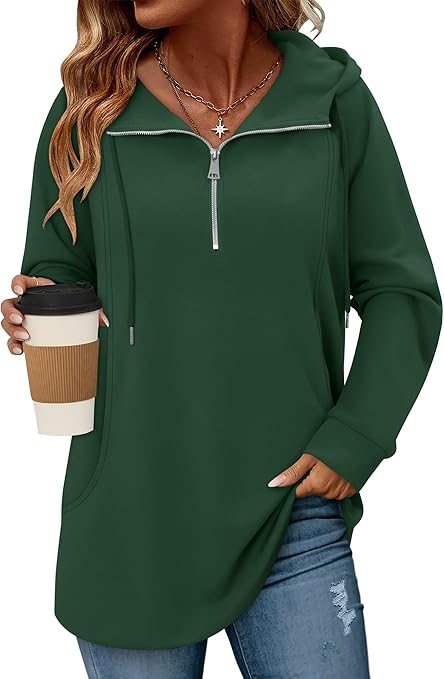 onlypuff Women Hoodie Pullover Trendy Quarter Zipper Lapel Sweatshirts Drawstring Cute Hooded Tunic Tops with Side Pockets