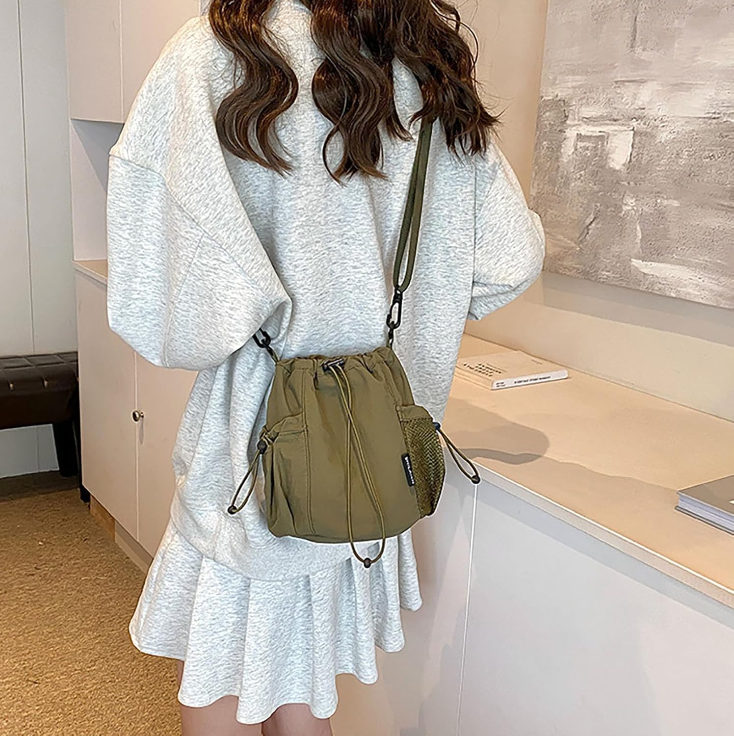 Small Drawstring Bucket Bag For Women Nylon Crossbody Purse Bag Adjustable Shoulder Strap Lightweight Travel Tote Handbags - Image 2