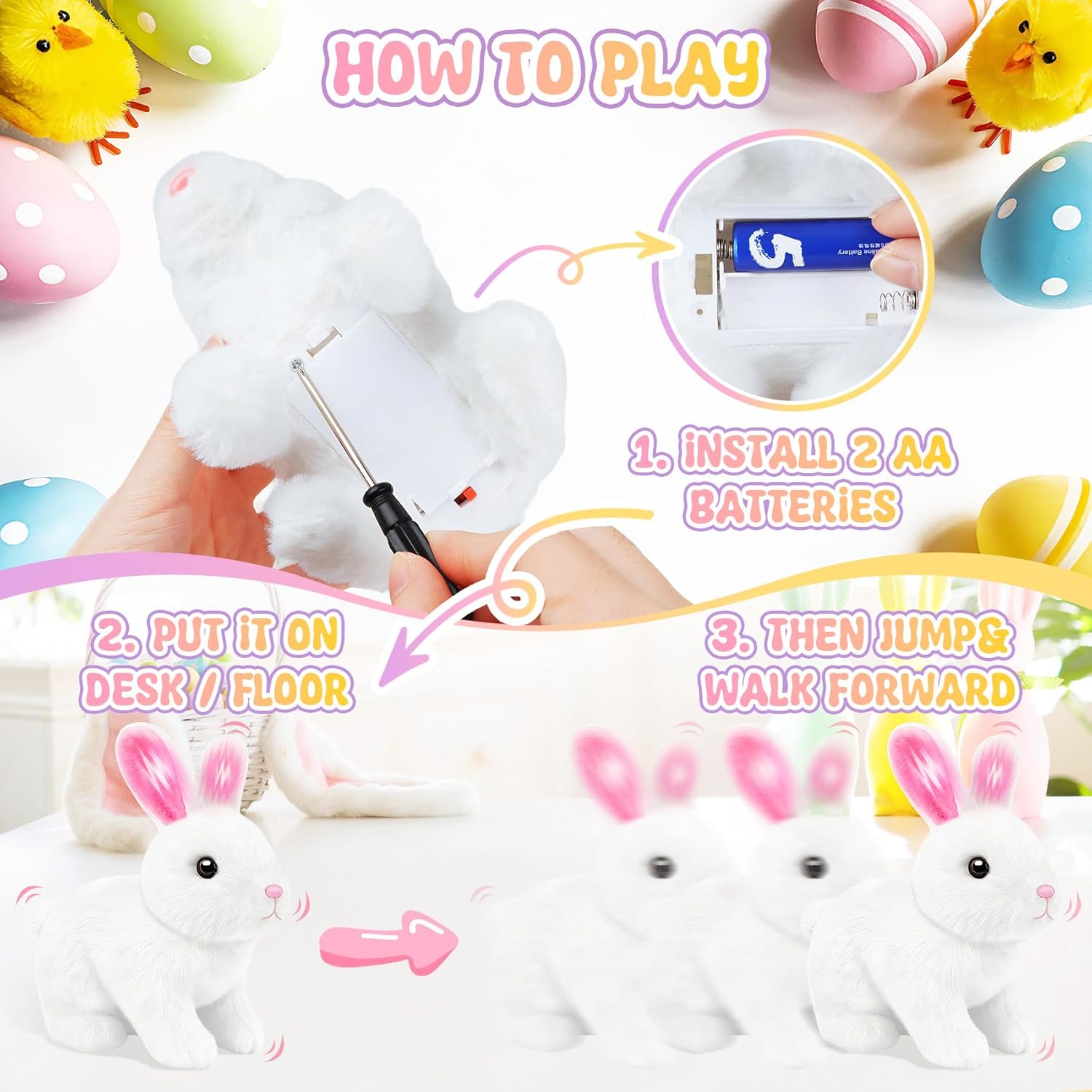 Realistic Bunny for Kids - Interactive Hopping Bunny Toy Set with Bunny Ears, Electric Lifelike Robot Rabbit that Move, Walking Barking and Wagging Tail Bunby Stuffed Animal with Sounds,White