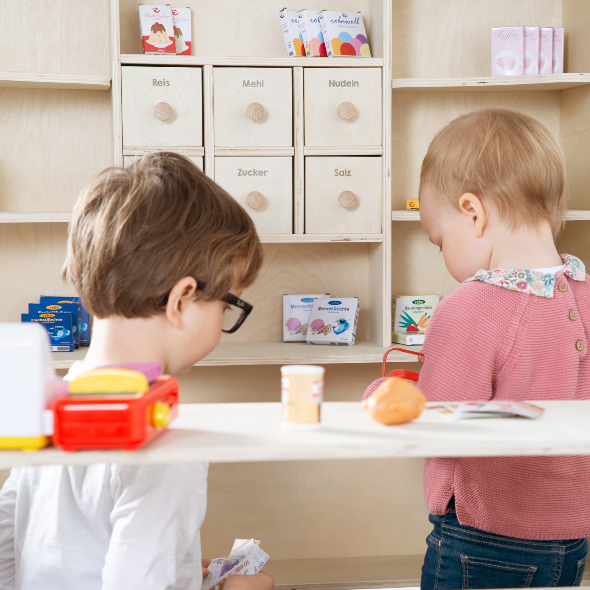 roba Kaufladen, großer Kinder Kaufmannsladen, inkl. Kaufladenzubehör, Holz natur, Verkaufsstand 6 Schubladen, Theke & Seitentheke
