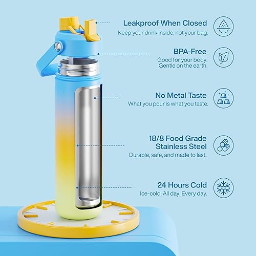 Miniatura 1122 de ENCOOL Botella de agua aislada con popote, de acero inoxidable, a prueba de fugas, sin BPA, al vacío de doble pared que se mantiene fría durante 24