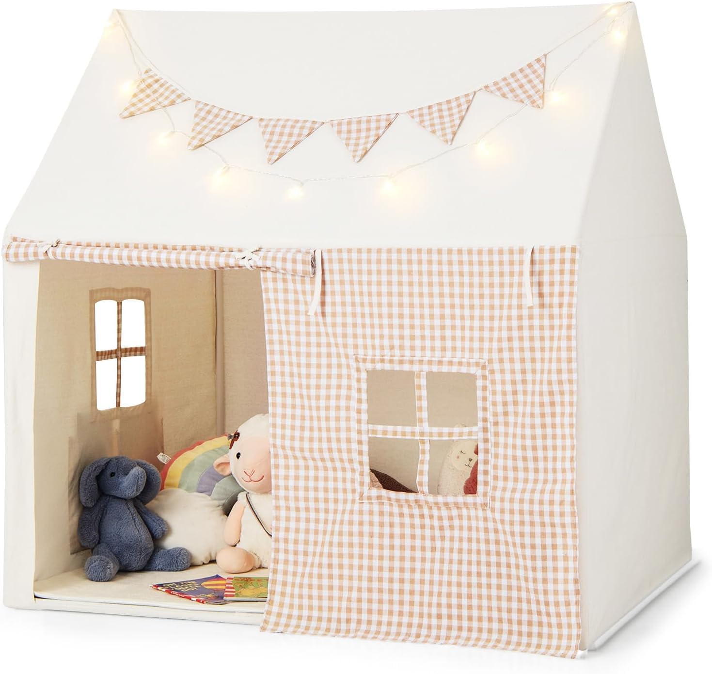 DREAMADE Kinderzelt für Drinnen mit Matte und Lichtern und Flaggenbanner, Kinder Spielhaus Indoor, Tipi Zelt, Spielzelt für Kinder ab 3 Jahren für Kinderzimmer Spielzimmer (Beige)