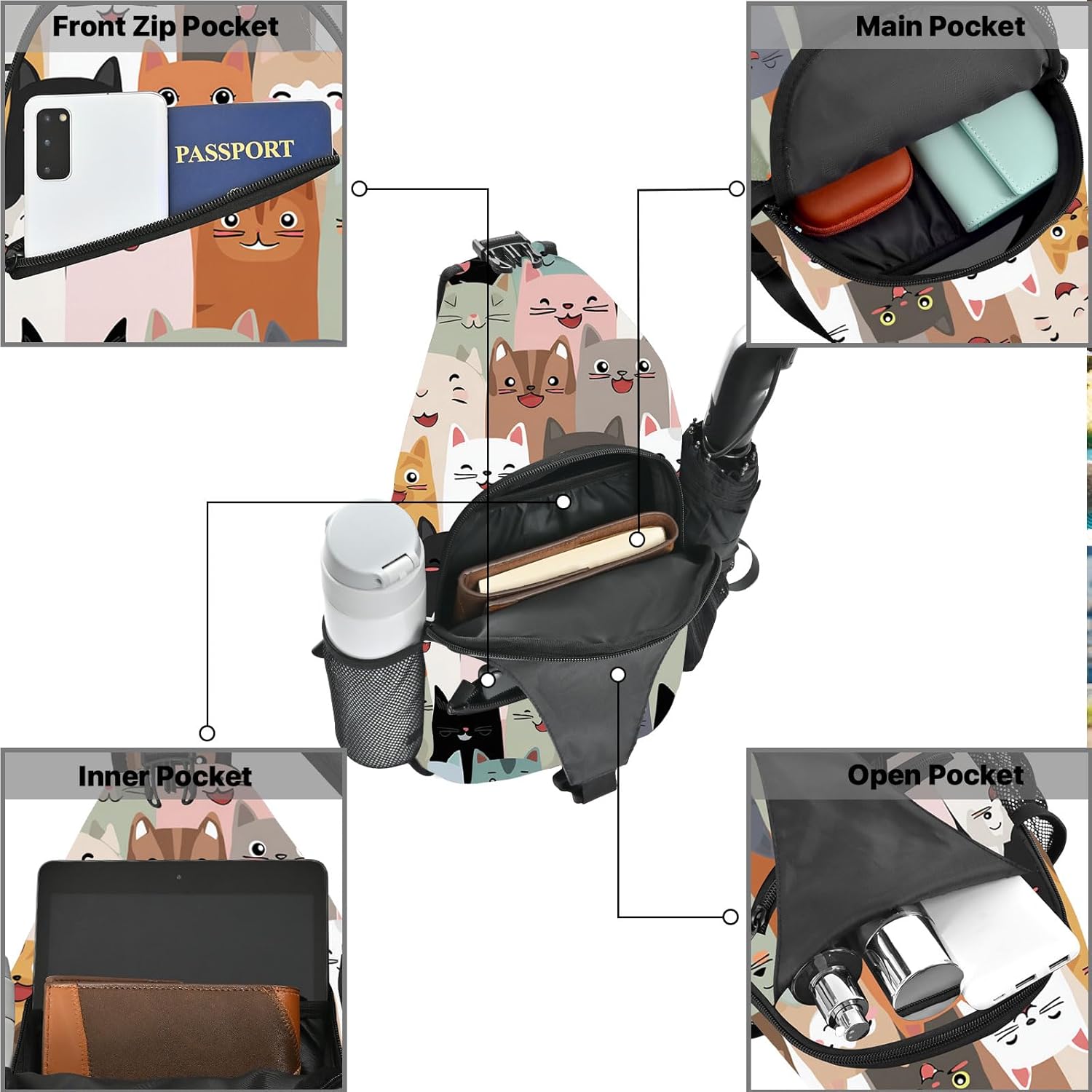 FyLybois Cat Sling Bag for Women Crossbody Backpack Lightweight Chest Daypack Fashion Shoulder Bags for Travel Hiking Biking - Image 6