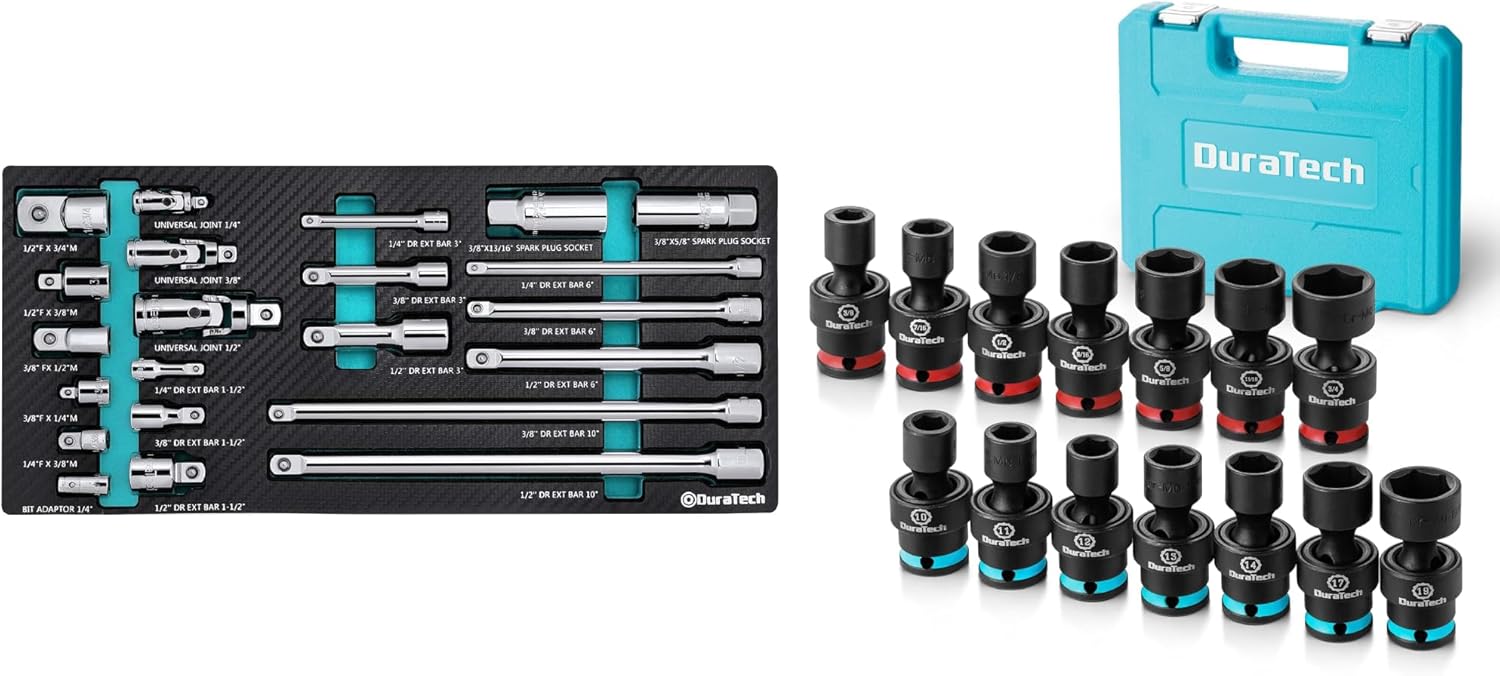 DURATECH 22-Piece Drive Tool Accessory Set & DURATECH 3/8" Drive Swivel Socket Set 14 Pieces SAE&Metric