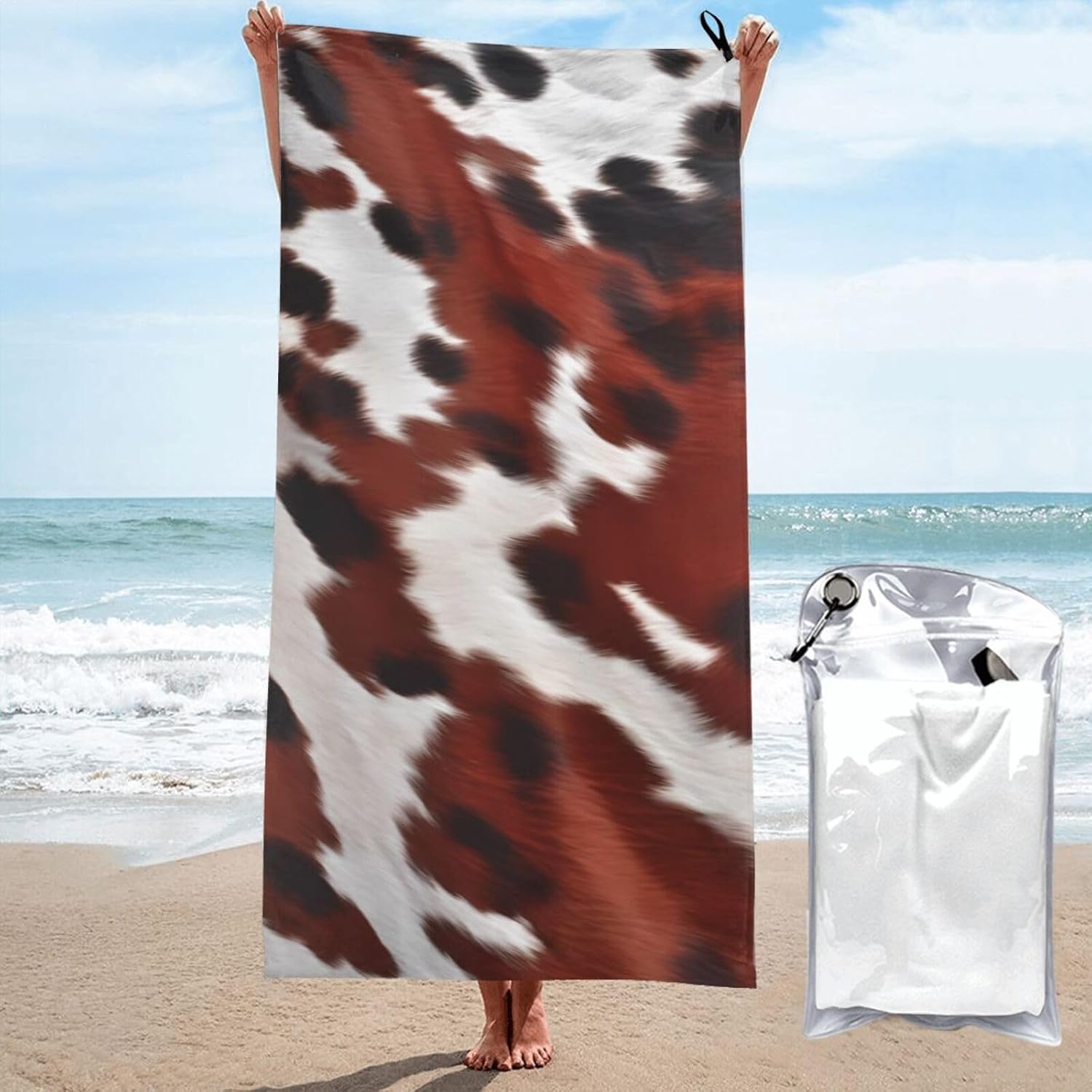 KHiry Microfiber Towel Beach Towels Red and White Cowhide Quick Dry Towel Soft Lightweight Travel Towels Absorbent Large Easy Pack Travel Things Beach Blanket for Gym Sports Swimming