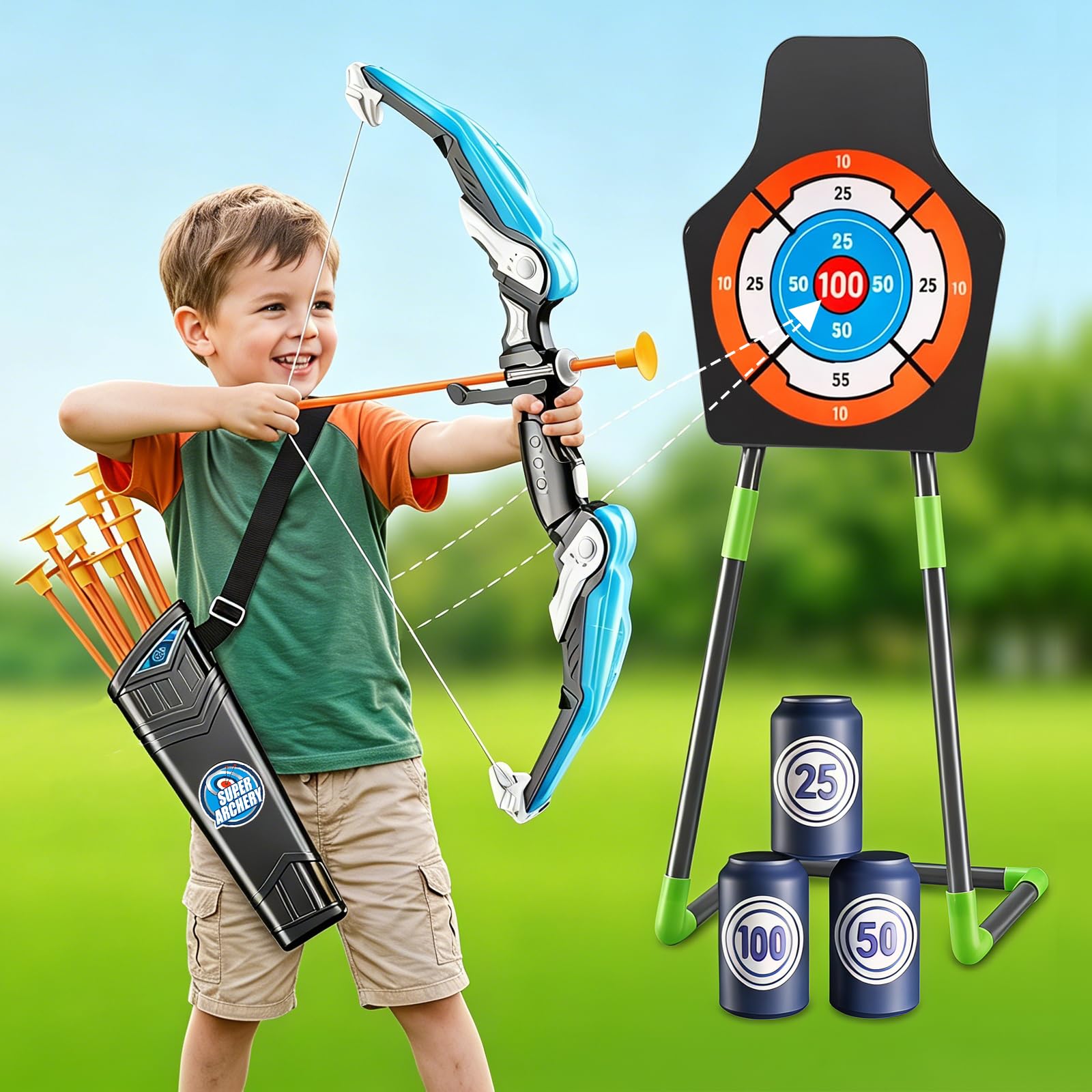 CEWROM Set di frecce e arco per bambini | Set per tiro con l'arco con luci a LED, include 10 frecce con ventosa, caraffa e bersaglio in piedi, per ragazzi e ragazze