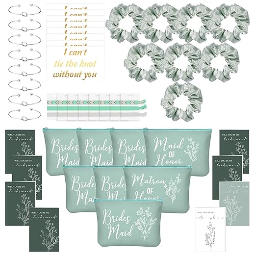 Cunno 48 Pcs Bridesmaid Proposal Gifts Wedding Maid of Honor Gifts Matron of Honor Gifts Bridal Shower Cosmetic Makeup Bags Scrunchies Hair Knotted Bracelets Invitation Cards for Bridesmaid, Green