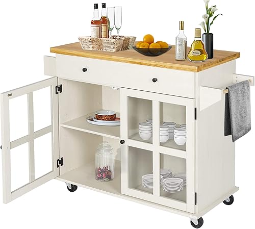 LAZZO Isla de almacenamiento de cocina sobre ruedas carrito de cocina para el hogar con encimera de pino carrito de almacenamiento grande con