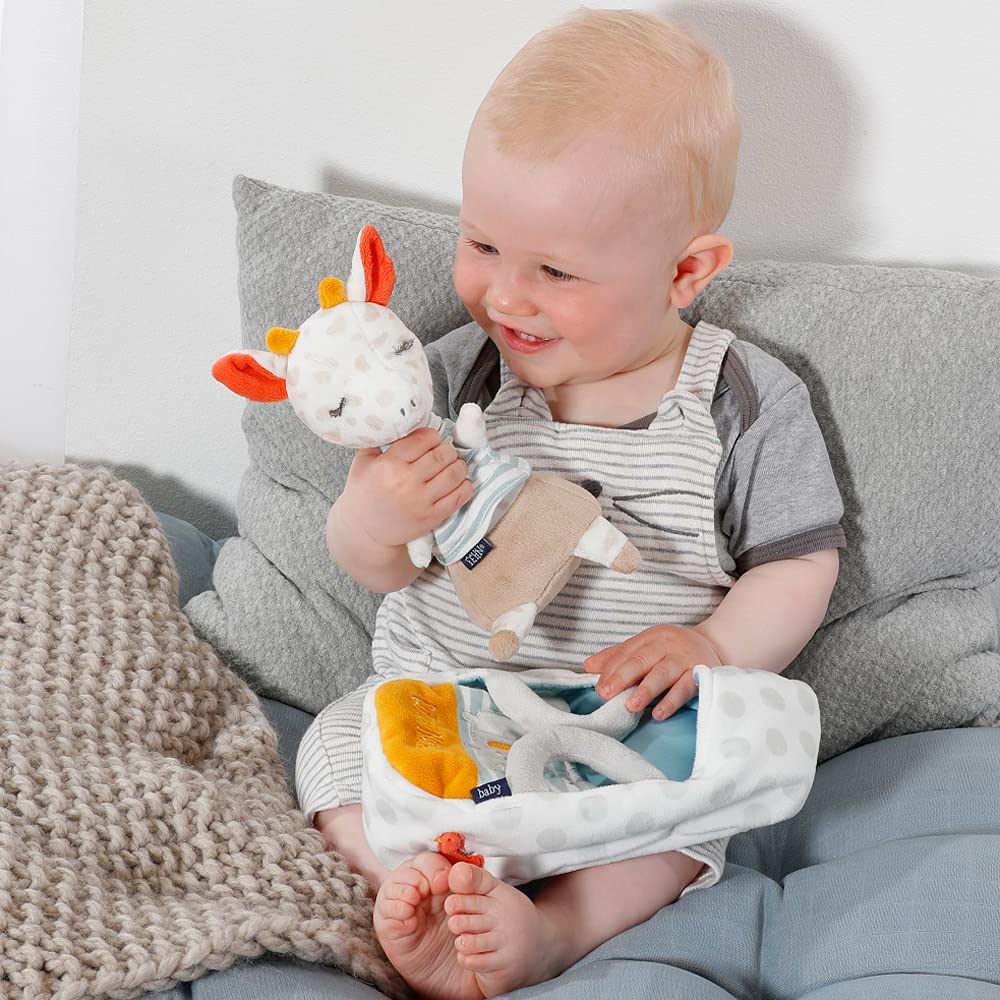 Fehn 053166 - Jirafa de peluche con bolsa de transporte y bordado que brilla en la oscuridad, para bebés a partir de 0 meses, tamaño: 23 cm