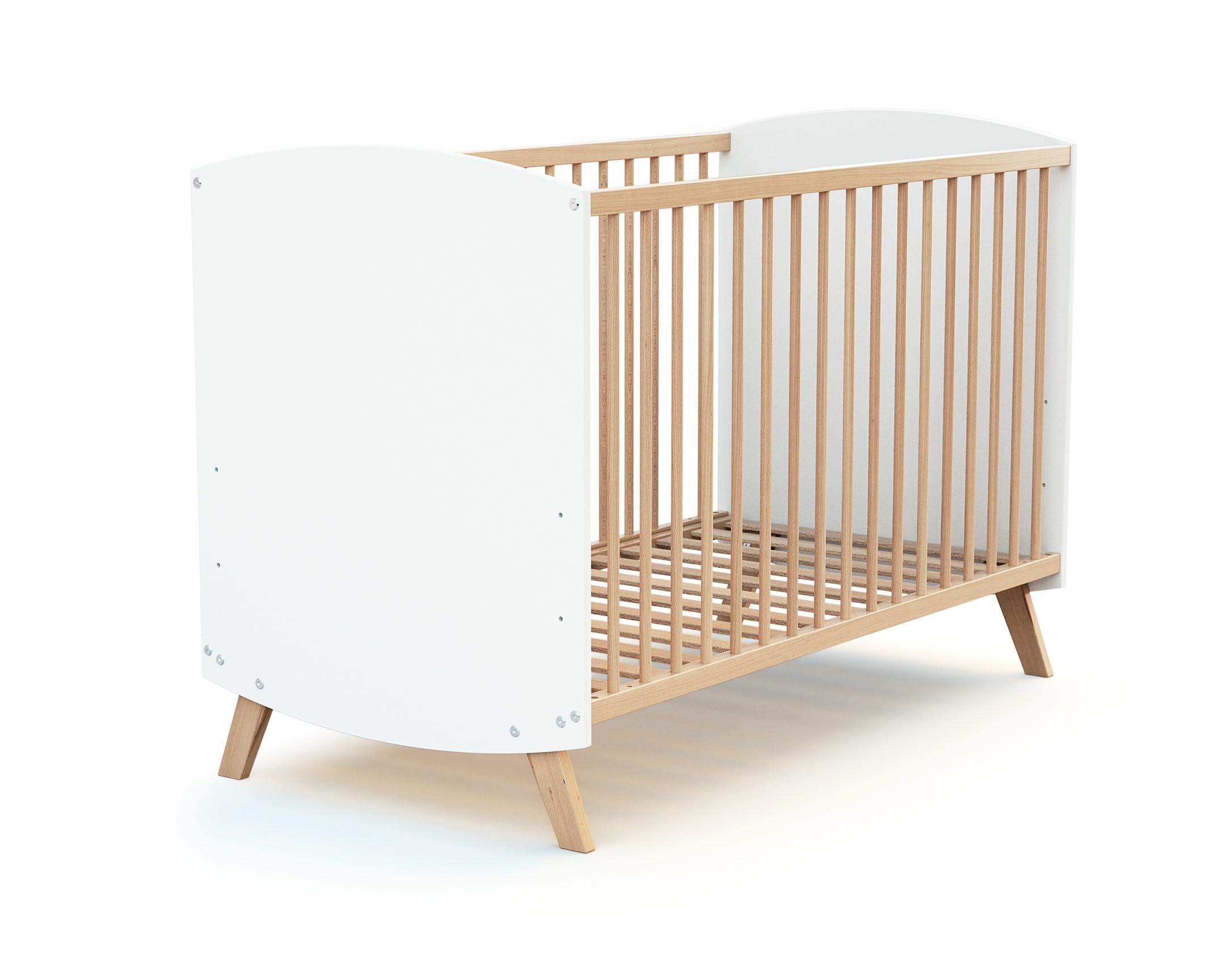 AT4 - Lit bébé en bois 60 x 120 cm SCANDINAVE Blanc et Hêtre| en Bois | Dès la naissance | Confort de sommeil | Sommier à lattes | Lit à barreaux |Sommier réglable 3 hauteurs