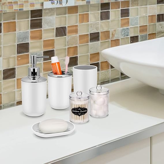 IMAVO Bathroom Accessory Set - 8 Pcs White Set with Trash Can, Soap Dispenser, Soap Dish, Toothbrush Holder, Toothbrush Cup, Toilet Brush Holder, Qtip Dispenser