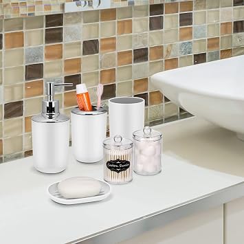 IMAVO Bathroom Accessory Set - 8 Pcs White Set with Trash Can, Soap Dispenser, Soap Dish, Toothbrush Holder, Toothbrush Cup, Toilet Brush Holder, Qtip Dispenser