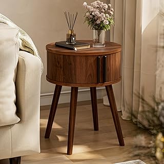 Side Table with Sliding Door & Cabinet, End Table for Living Room, Night Stand