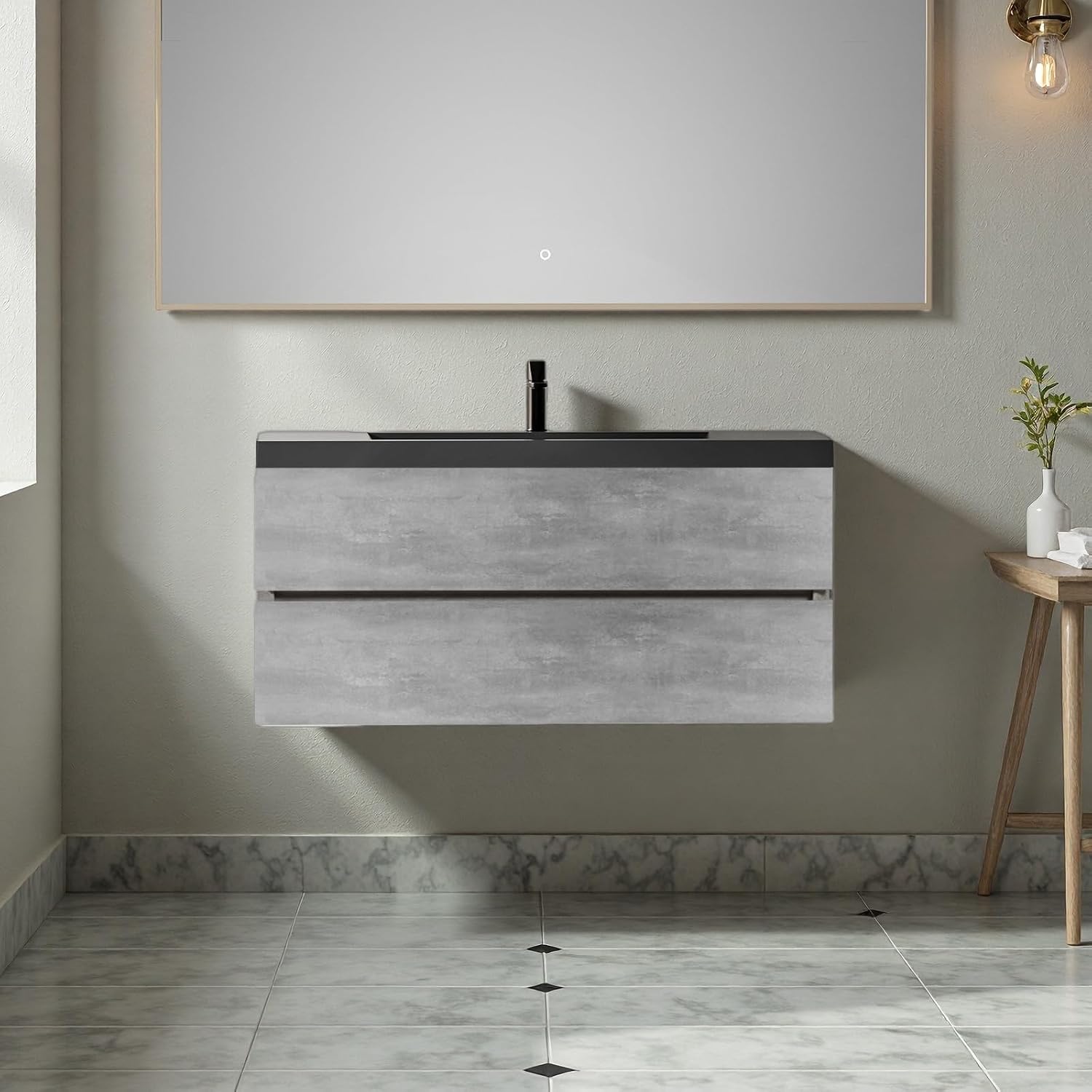 48" Bathroom Vanity with Sink, Floating Bathroom Vanity with One-piece Quartz Sand Basin, 2 U-Shaped Storage Drawers & Hidden Handles, Modern Home Wall-Mounted Vanity, Cement Grey