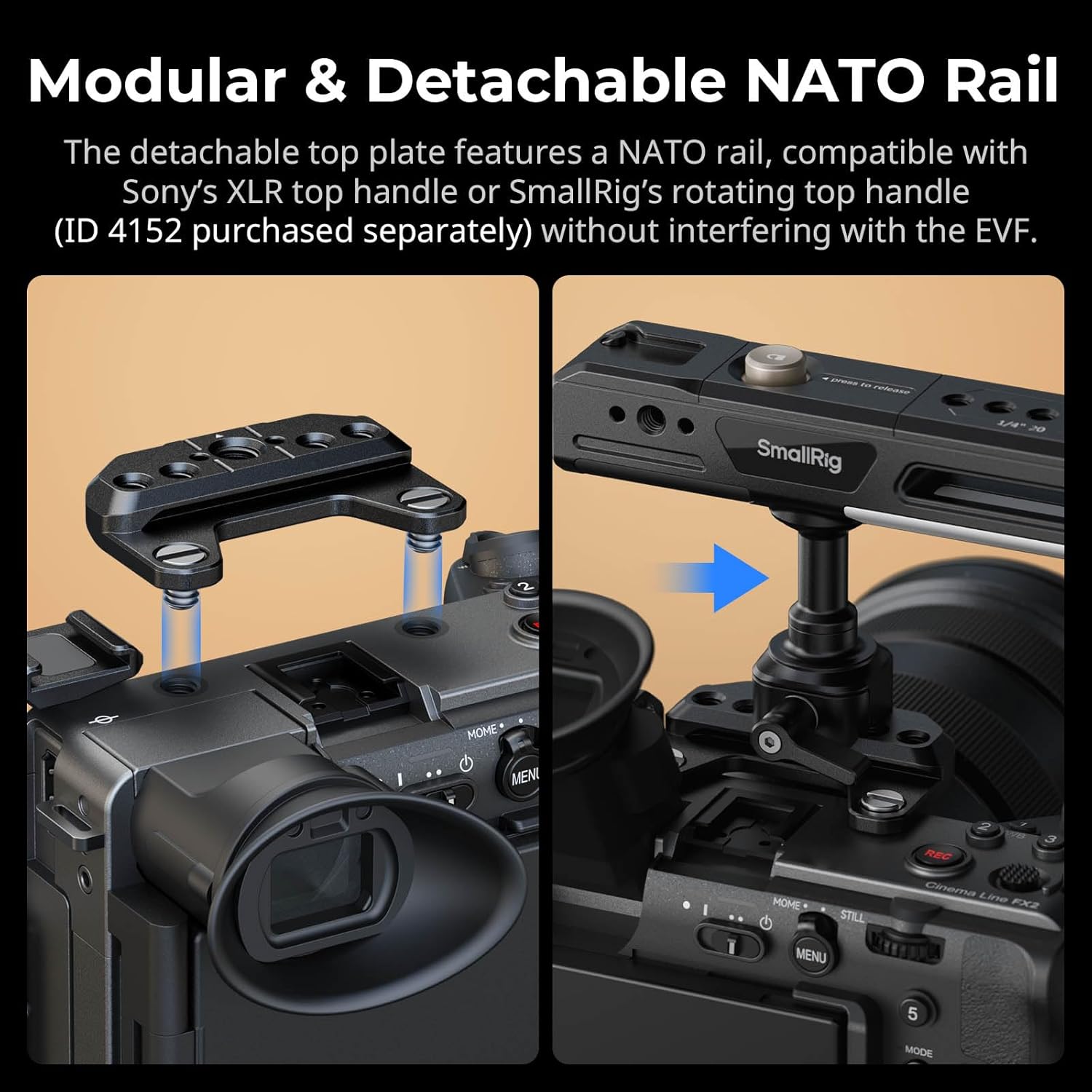 SmallRig Half Cage for Sony FX2, with Removable Top NATO Rail, Quick Release Plate for Arca, Modular Design Compatible with Original XLR Handle, for DJI RS 3 / RS 3 Pro/RS 4 / RS 4 Pro Gimbal - 5591