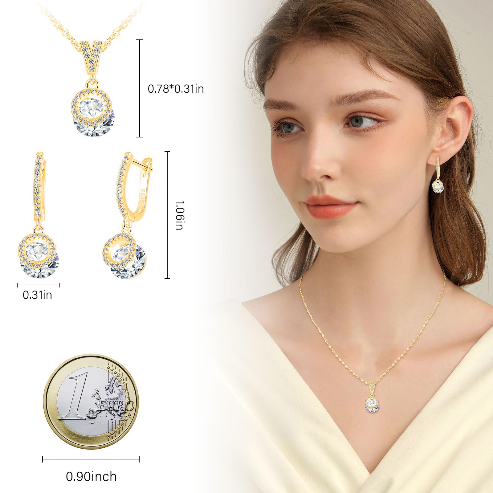 Set di Collana e Orecchini Zircone, Parure Gioielli in Argento 925 per Donna, Orecchini Pendenti Rotondi a Cerchio con Zirconi Collana con Ciondolo, Gioielli per Mamma Fidanzata
