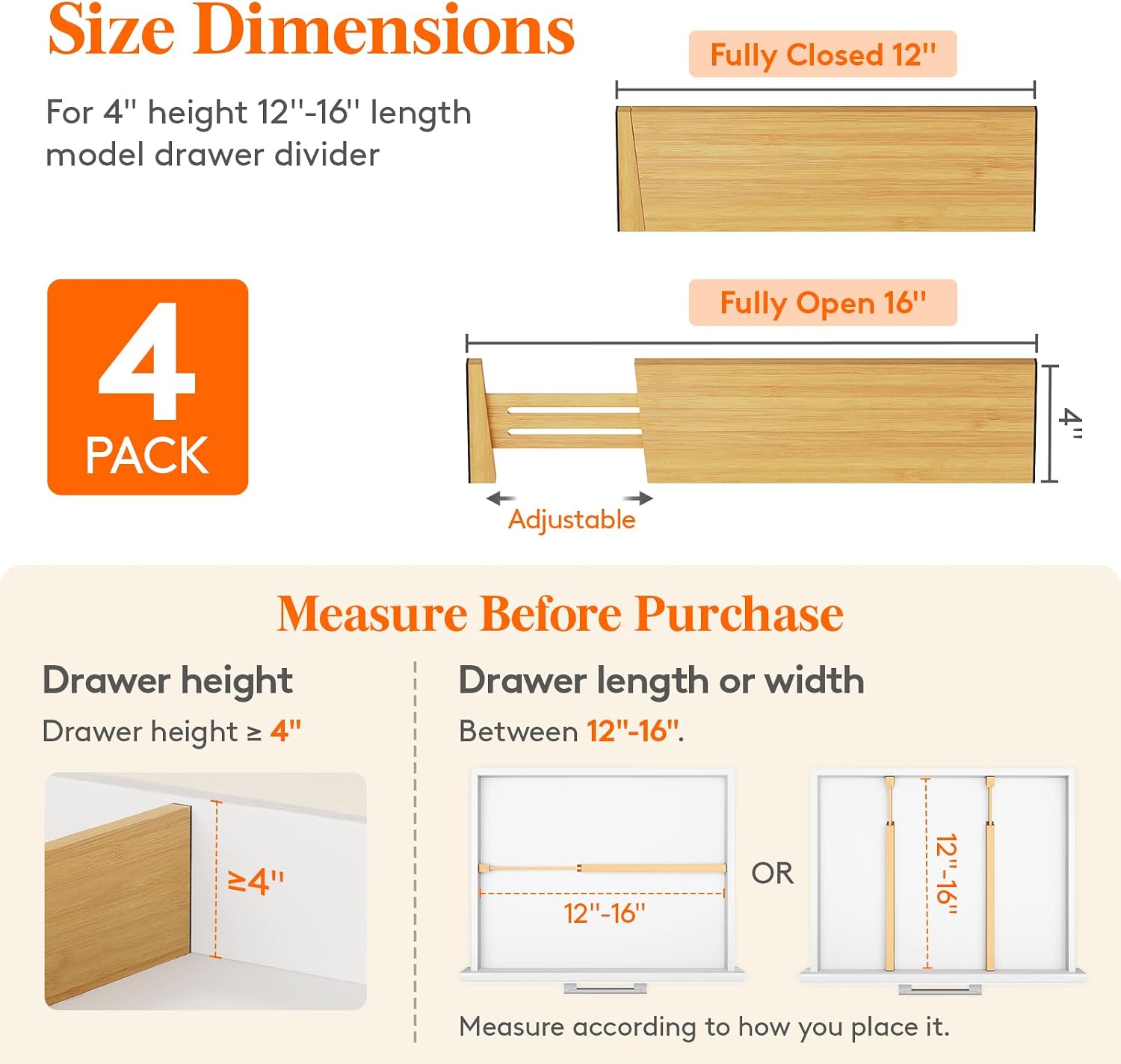 Lifewit 4" High Dresser Drawer Dividers, Adjustable Bamboo Drawer Organizer image 2