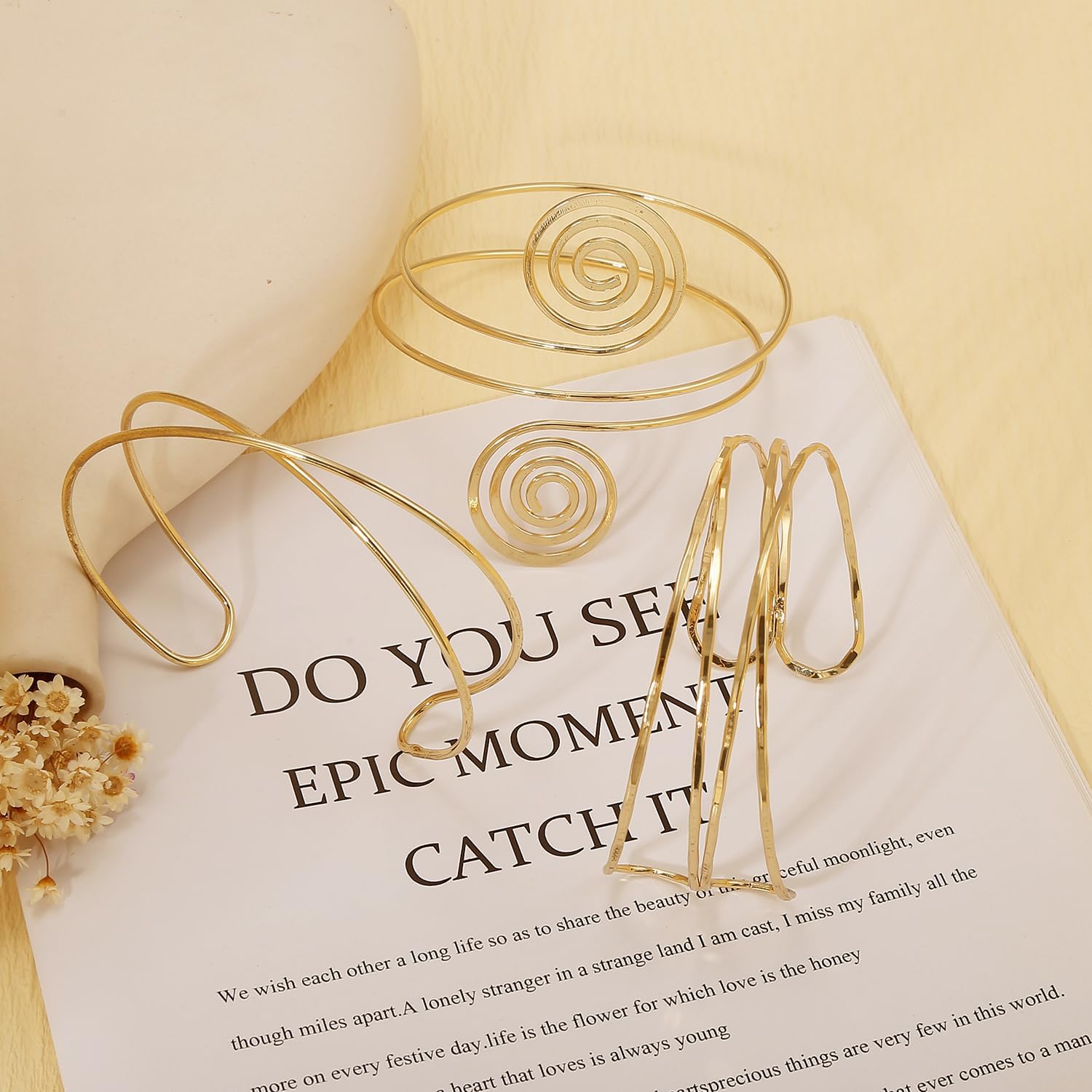 BROCC 3Pcs Gold Arm Cuff Bracelet for Women Open Upper Arm Cuff Bangle Armlet Gold Silver Adjustable Armband Arm Bracelet Set - Image 3