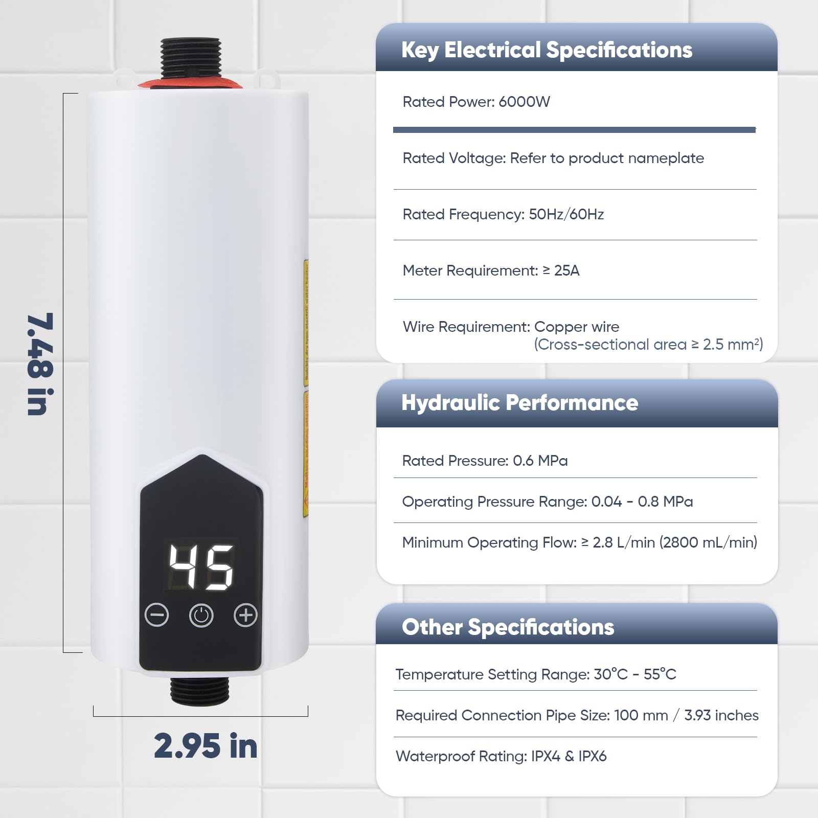 Calentador de agua sin depósito de 5500 W con juego de ducha, calentador de agua instantáneo de 220 V con pantalla digital LCD y botones táctiles, adecuado para ducha, baño/cocina/lavabo (F)