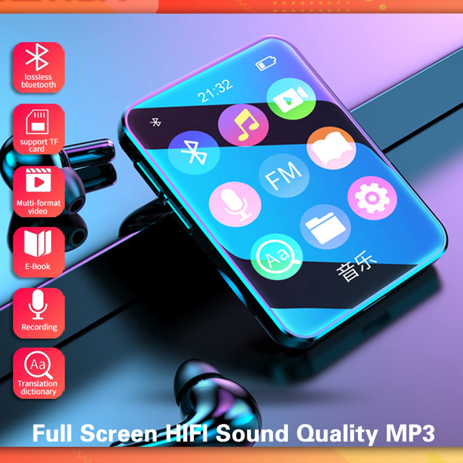 Reproductor MP3, Pantalla táctil 4.0 Bluetooth con Auriculares, Altavoz de Audio de Alta fidelidad Grabaciones,Negro,4GB