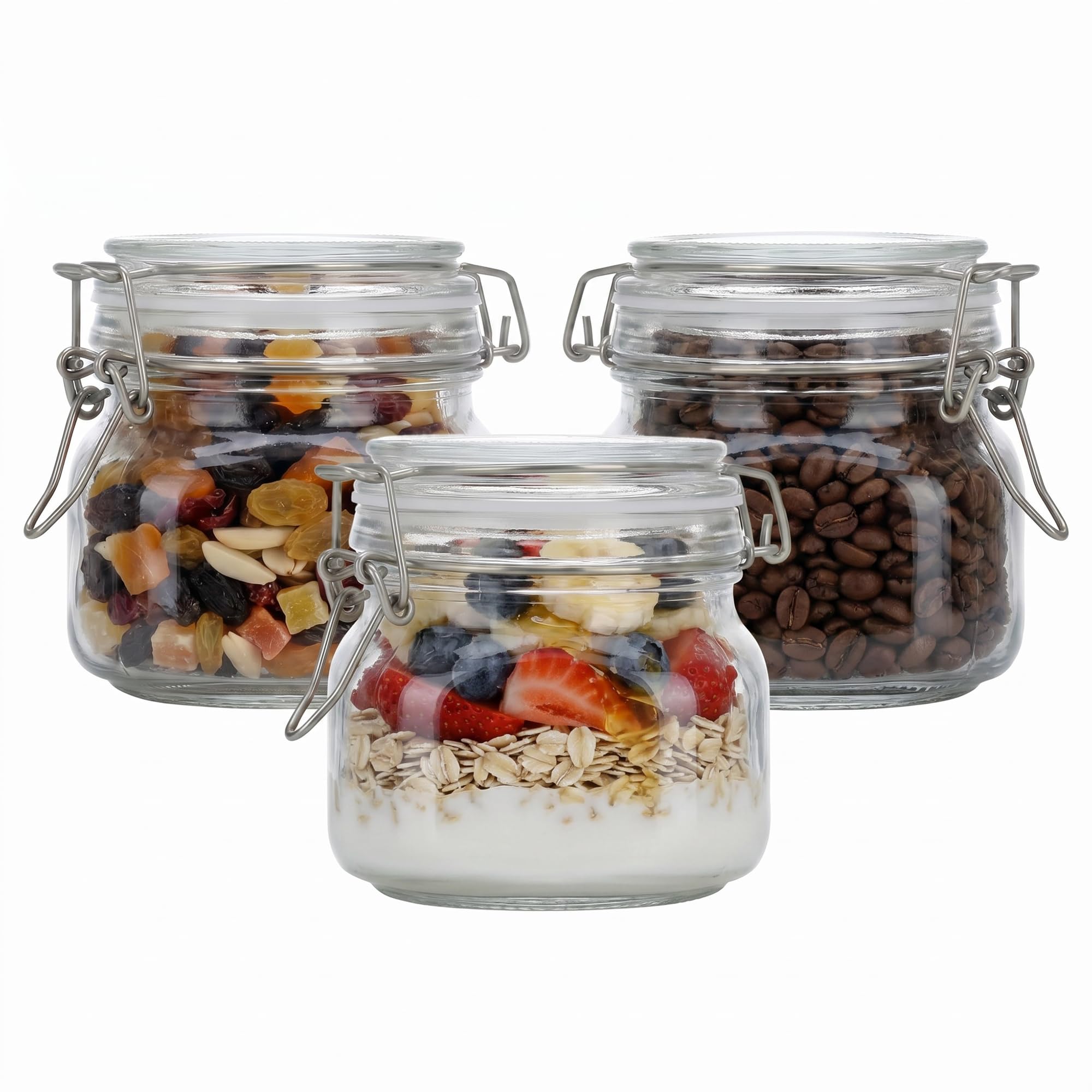 UAVAUI Glass Food Storage Jars, 3 Pcs 500ml Clip Top Glass Jar, Airtight Glass Storage Jars for Kitchen, Clear Canister Set for Food Storage, Flour, Sugar, Coffee, Cookies, Meal Prep