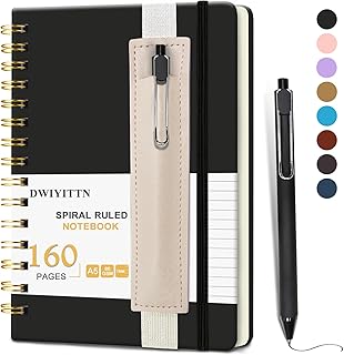 A5 Caderno espiral com caneta esferográfica, caderno A5 anéis capas rígidas 160 páginas linha notebook bloco de notas para escola, escritório ou casa, 14,5 x 21 cm, 80 g/m² - preto