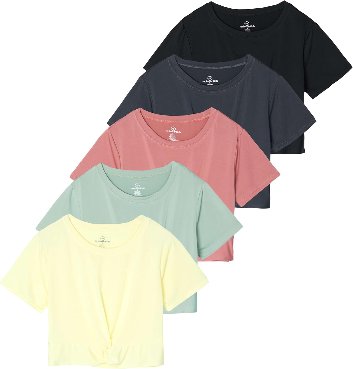 Real Essentials 5 Pack: Women's Short Sleeve Twist Front Crop Top Dry-Fit Athletic Crew Neck T-Shirt