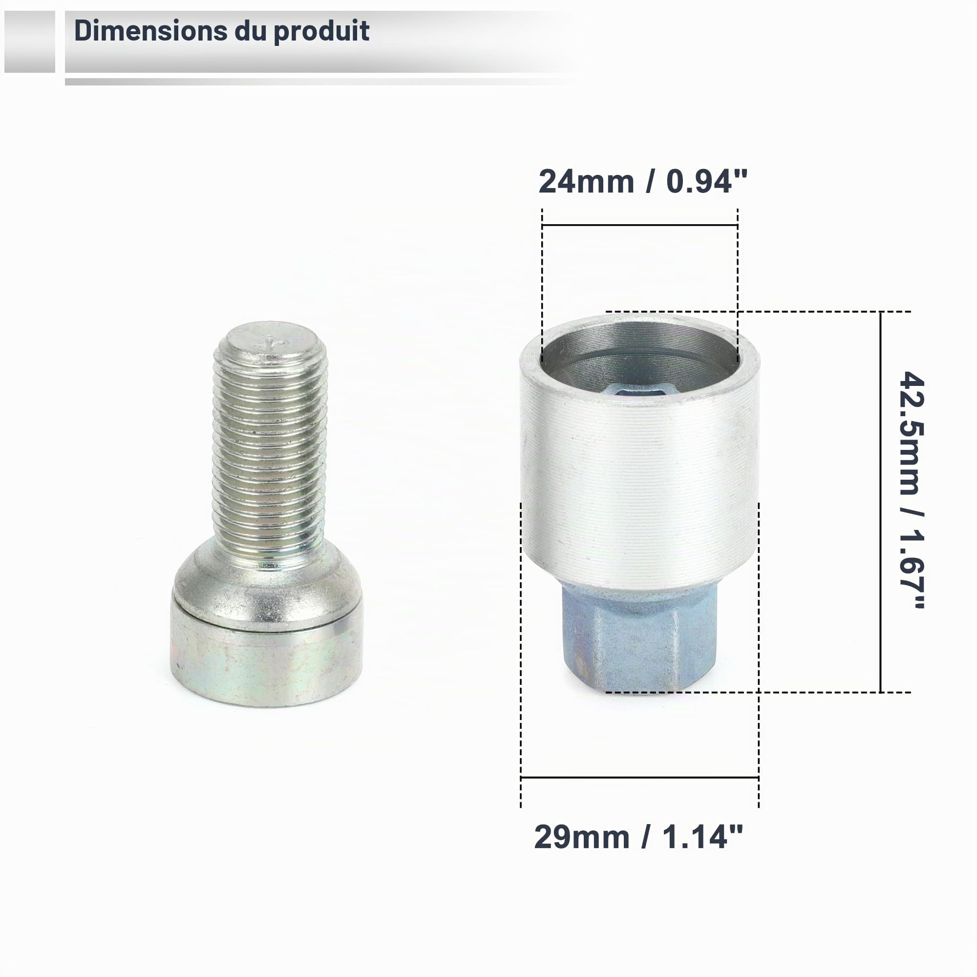 Kit De Boulons De Verrouillage De Roue Pour Audi A4L 1 Ensemble | Type X, Argent, Acier, Hauteur 42.5mm, Diam. Ext. 29mm, Diam. Int. 24mm, Pour Audi A5 A6L Q2L Q3 Q5 Q7 A8