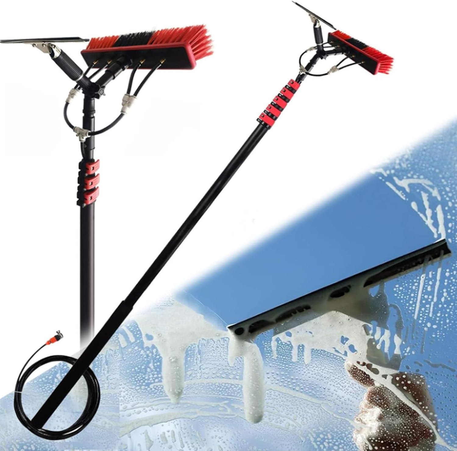 Extendable Window Cleaning Brush for High Altitude, Solar Panel Cleaning Tool, Water-Fed Window Washing Pole with Squeegee - Perfect for Professional Cleaners and Home Use
