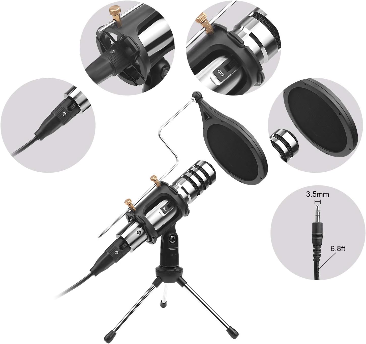 DricRoda Microphone for Phone,Condenser Recording Microphone,3.5mm Plug and Play PC Microphone,Podcast Microphone with Tripod Stand and Pop Filter for Karaoke Games Stream YouTube Skype