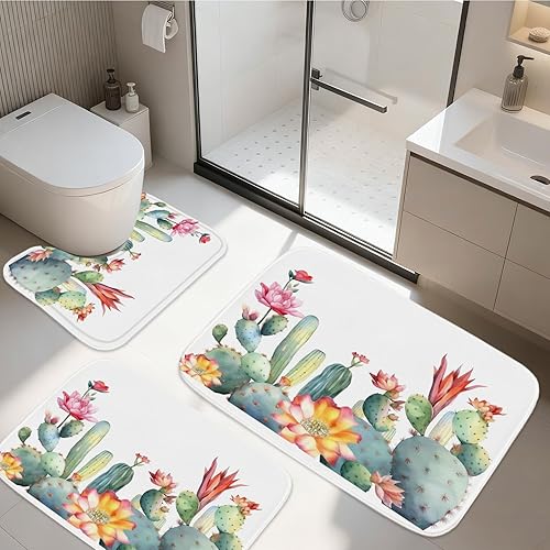 TheBlackSpot Alfombras de baño de flores de cactus tropicales del desierto, 20 x 31 pulgadas, juego de 3 alfombrillas de baño de 16 x 24 pulgadas, 3