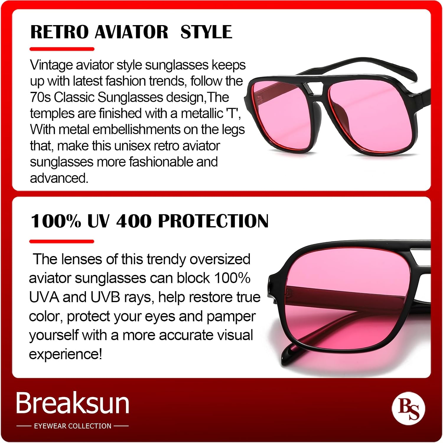 Breaksun Retro Aviator Sunglasses for Women Men Trendy Classic 70s Square Aviator Sun Glasses Vintage Shades