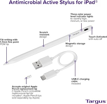 Targus Active Stylus for iPad - Take Notes, Doodle and Navigate Seamlessly, 1:1 Apple Pencil Size and Accepts Original Apple Pencil Replacement Tip (AMM174AMGL)
