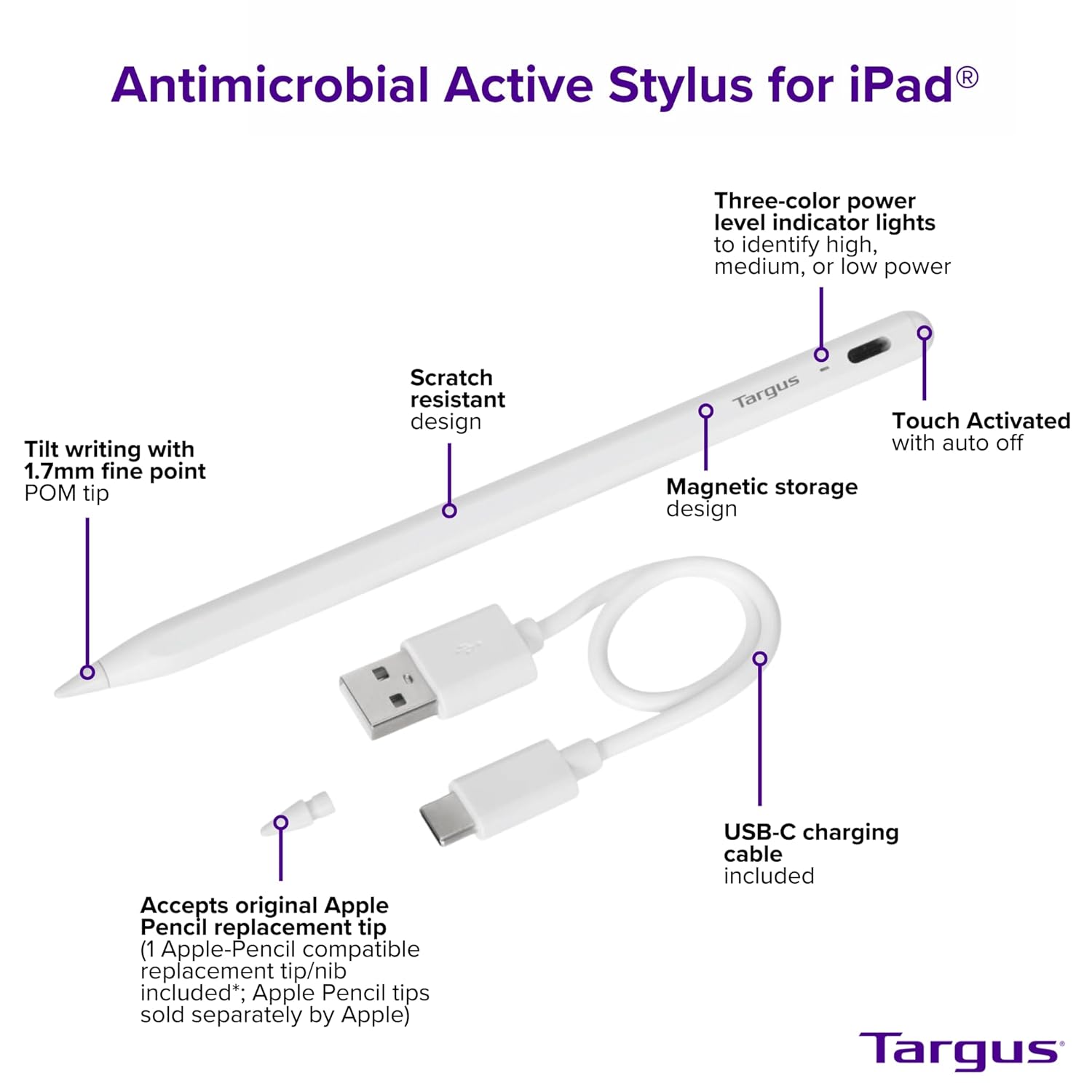 Targus Active Stylus for iPad - Take Notes, Doodle and Navigate Seamlessly, 1:1 Apple Pencil Size and Accepts Original Apple Pencil Replacement Tip (AMM174AMGL)