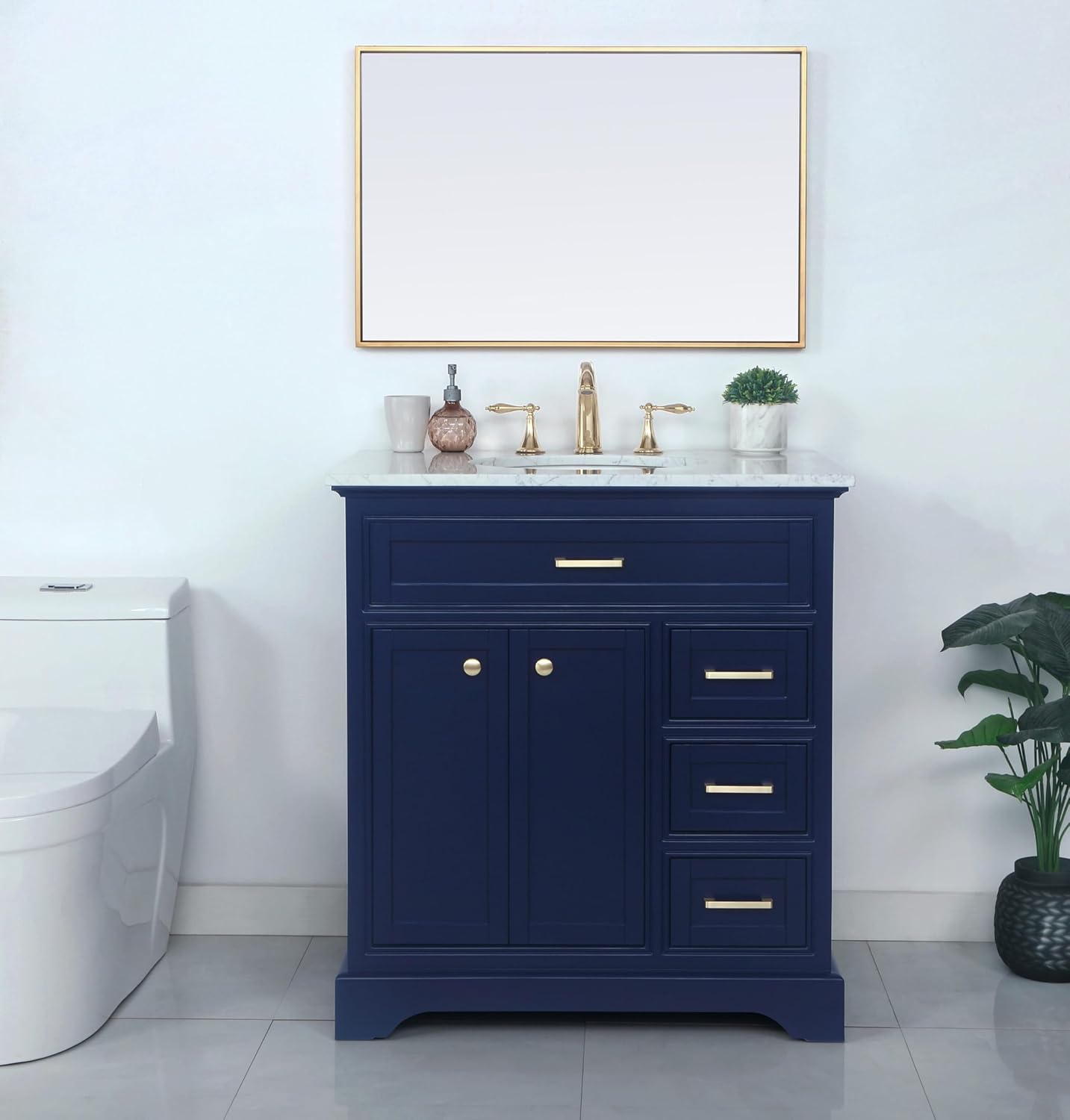 32 Single Bathroom Vanity, with Carrara White Marble Top Soft-Close, Blue