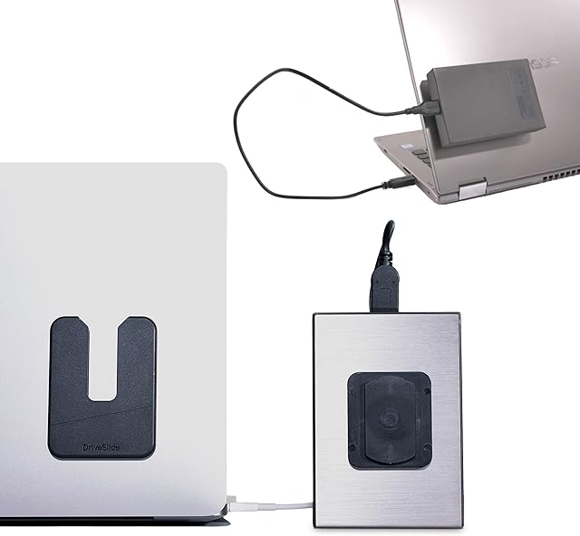 DriveSlide - Aesthetic Portable Computer Mounted External Hard Drive and Hub Holder to Organize Laptop Workspace and Declutter Cable with Lock System