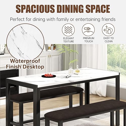 Miniatura 5 de Recaceik Juego de mesa de comedor para 4 personas con bancos tapizados de piel sintética, juego de mesa de comedor de mármol sintético para 4-6,