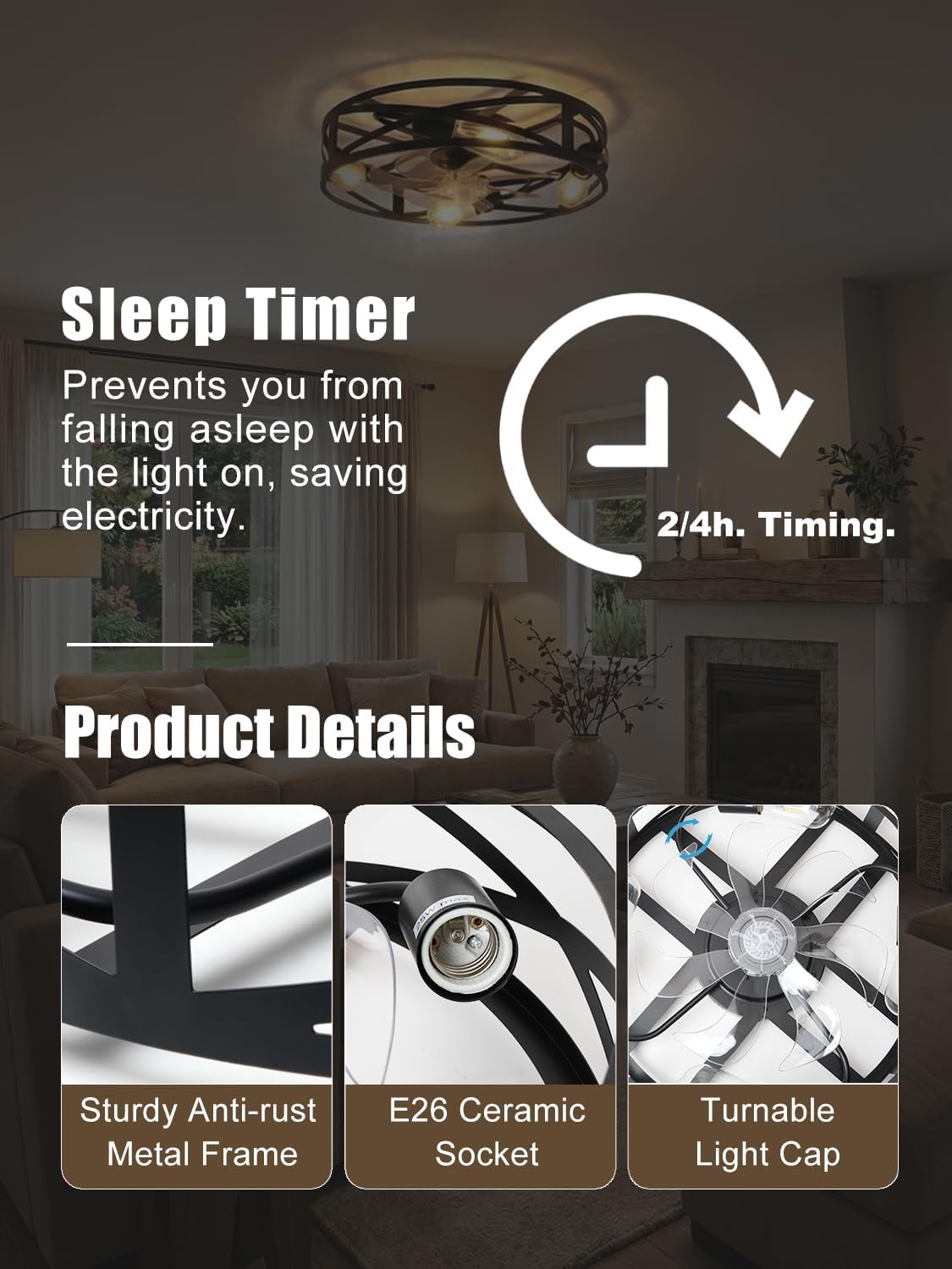 20" Farmhouse Flush Mount Ceiling Fans with Light and Remote, Industrial Black Caged Low Profile Fandelier, 6 Speeds Ceiling Fan for Living Room, Bedroom, Kitchen