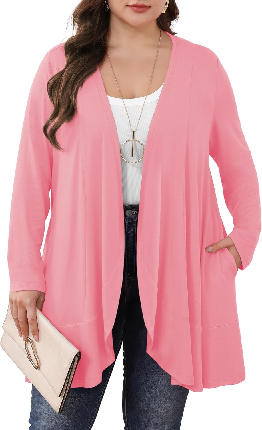 ZHUHOUSE Womens Plus Size Casual Lightweight Long Sleeve Flowy Open Front Cardigan Cover Ups with Pockets